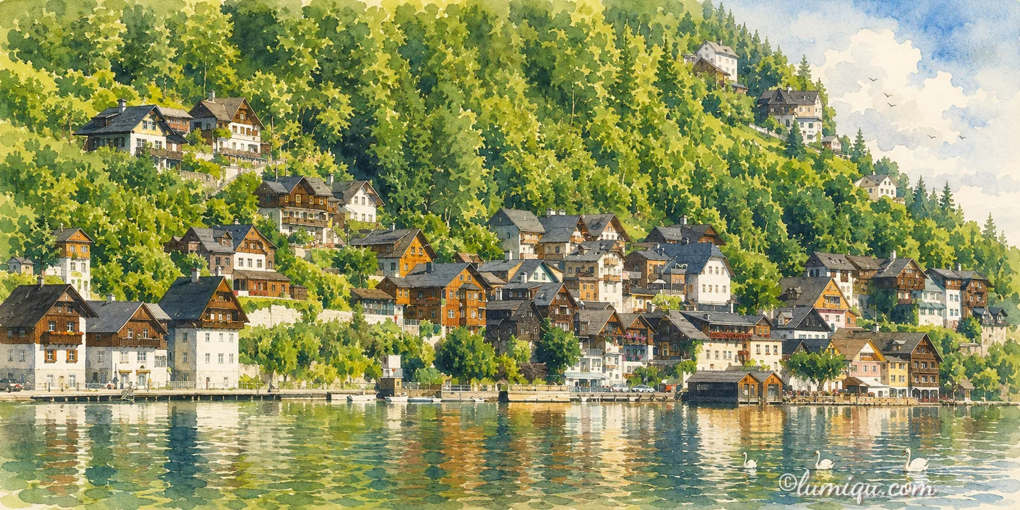 ハルシュタットの湖畔の村（オーストリア）のイラスト
