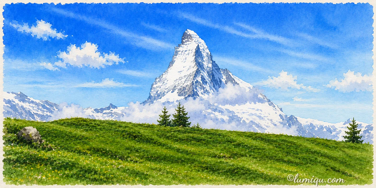 マッターホルンと高原の牧草地（スイス）のイラスト