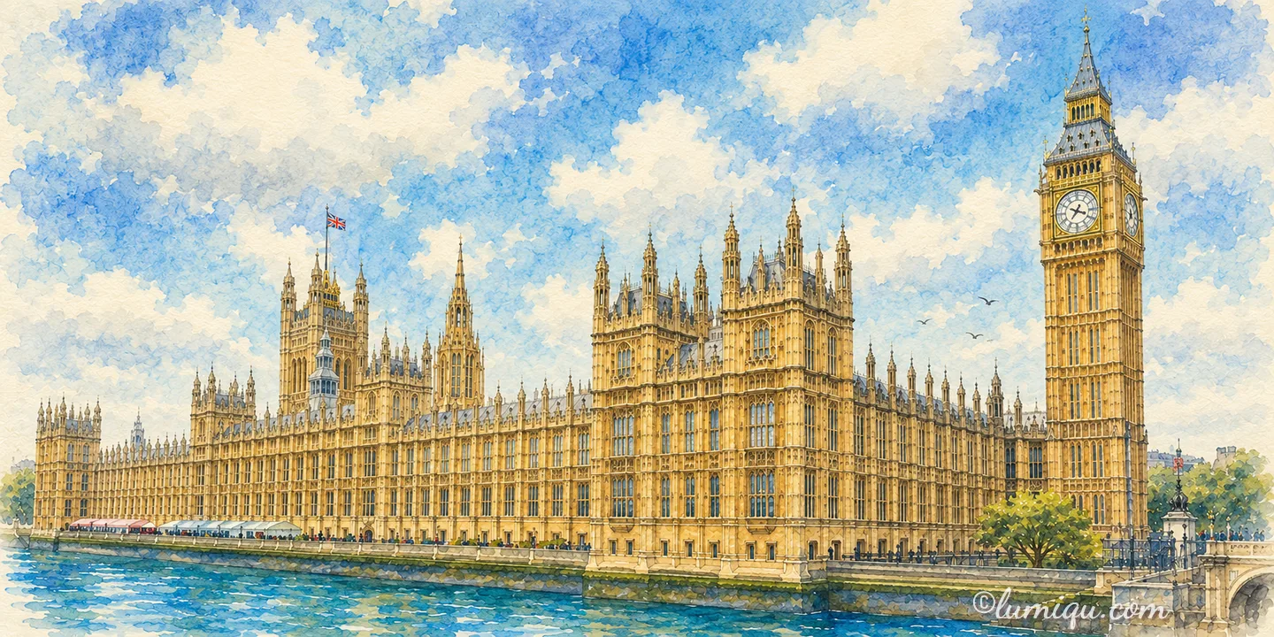ロンドン／時計塔と国会議事堂（イギリス）のイラスト