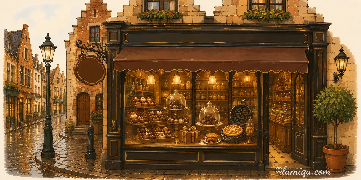 チョコレートとワッフルの店 ボンボン（空想のお店）の店構えイラスト