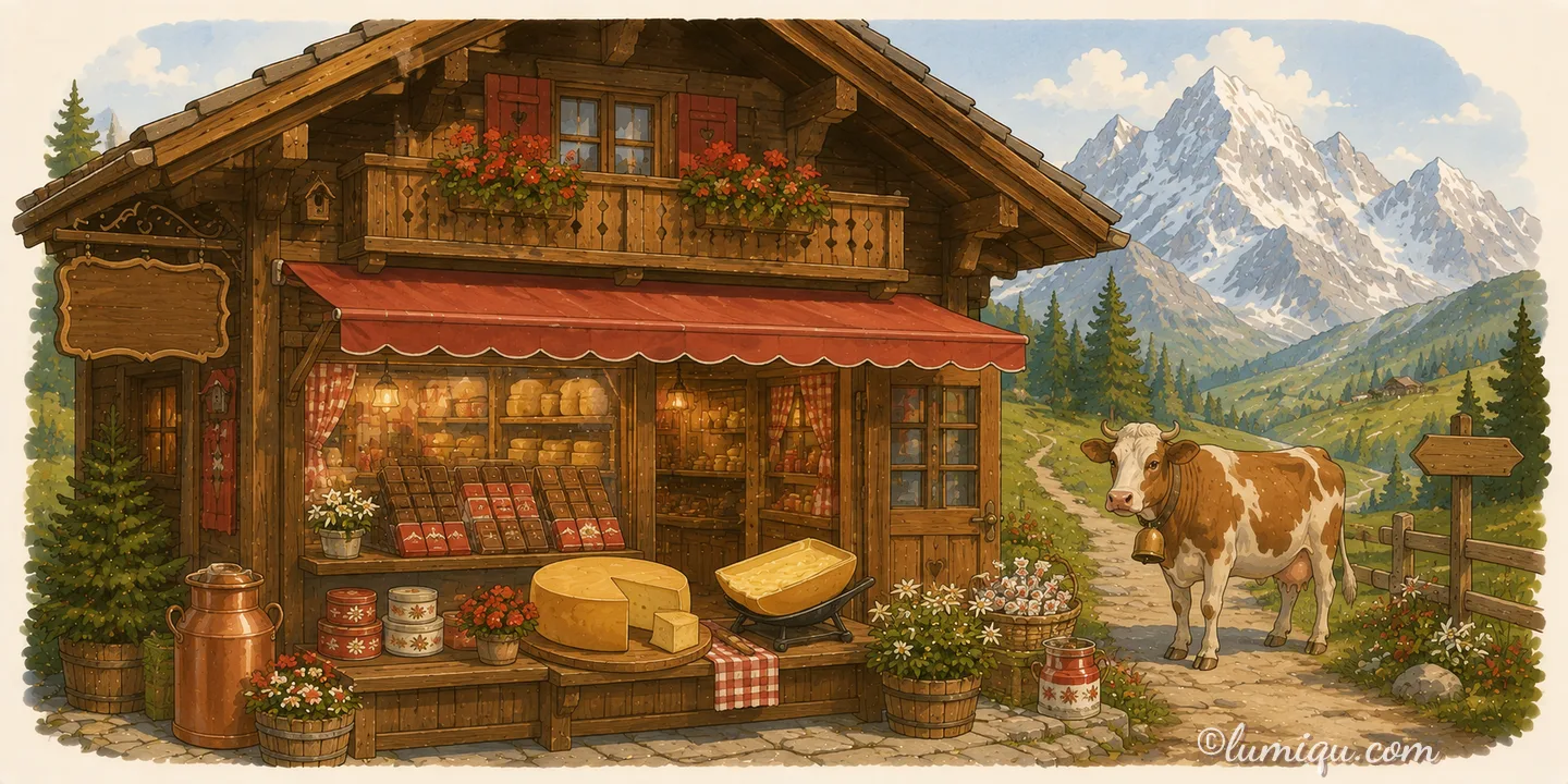 山のチョコとチーズの店 アルペン（空想のお店）の店構えイラスト