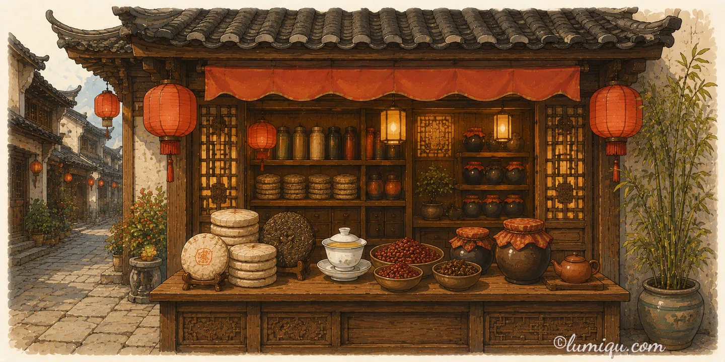 中国茶と香りの調味料の店 ニーハオ（空想のお店）の店構えイラスト