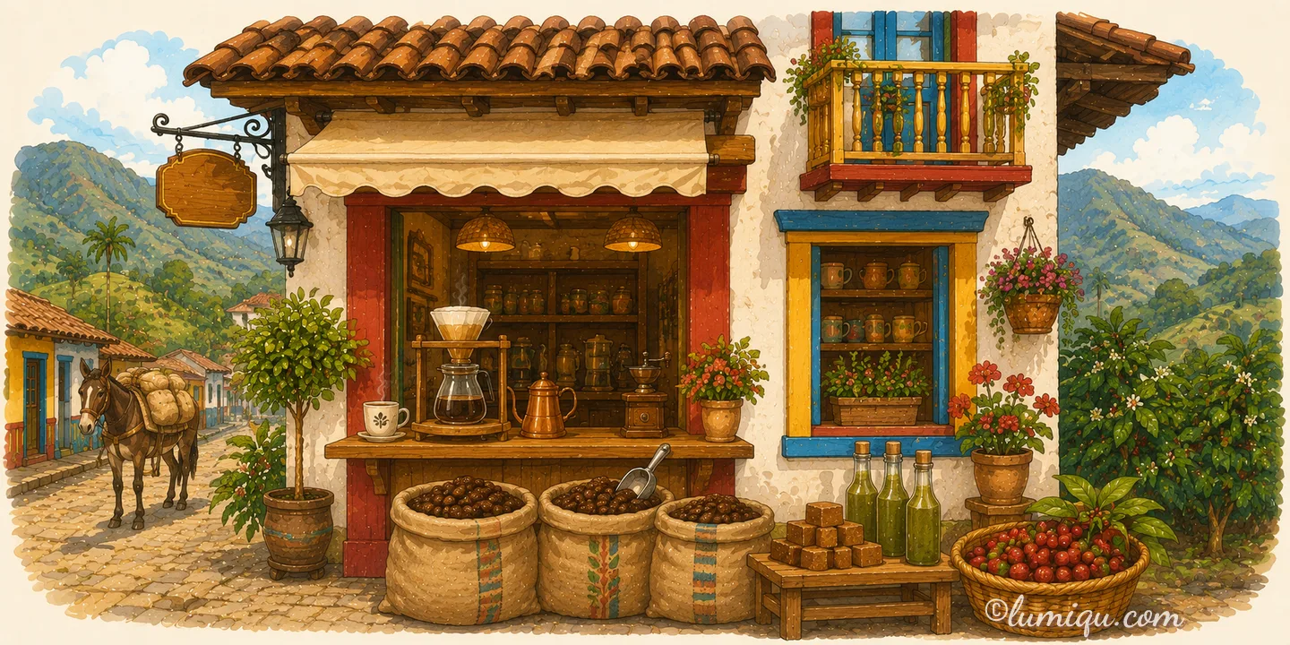 アンデスのコーヒーの店 カフェテロ（空想のお店）の店構えイラスト