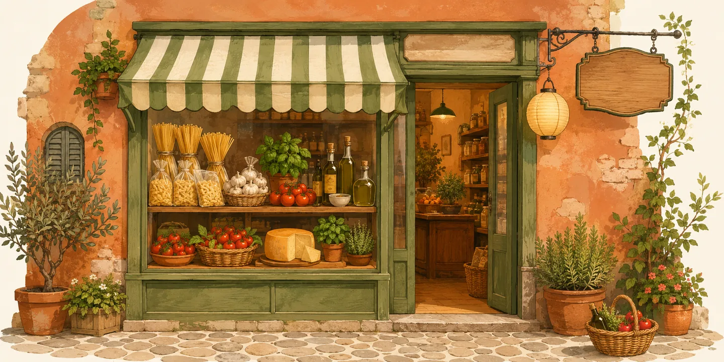 路地裏の食材店 グロチェリア（空想のお店）の店構えイラスト