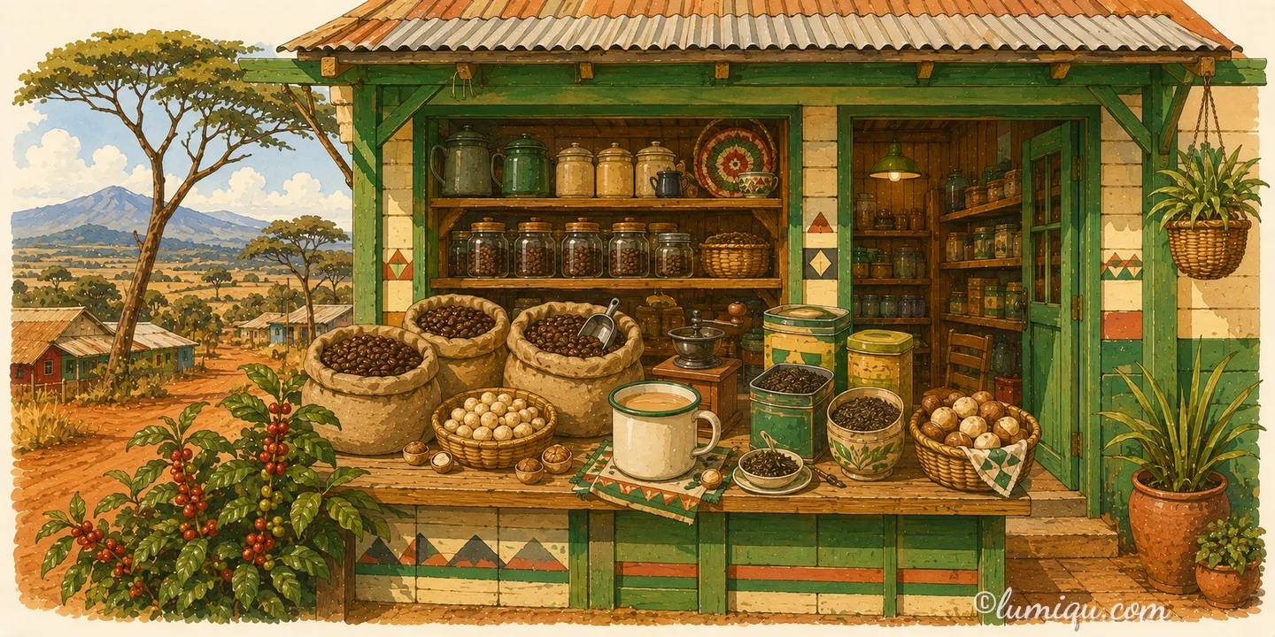 サバンナの紅茶とコーヒーの店 ジャンボ（空想のお店）の店構えイラスト
