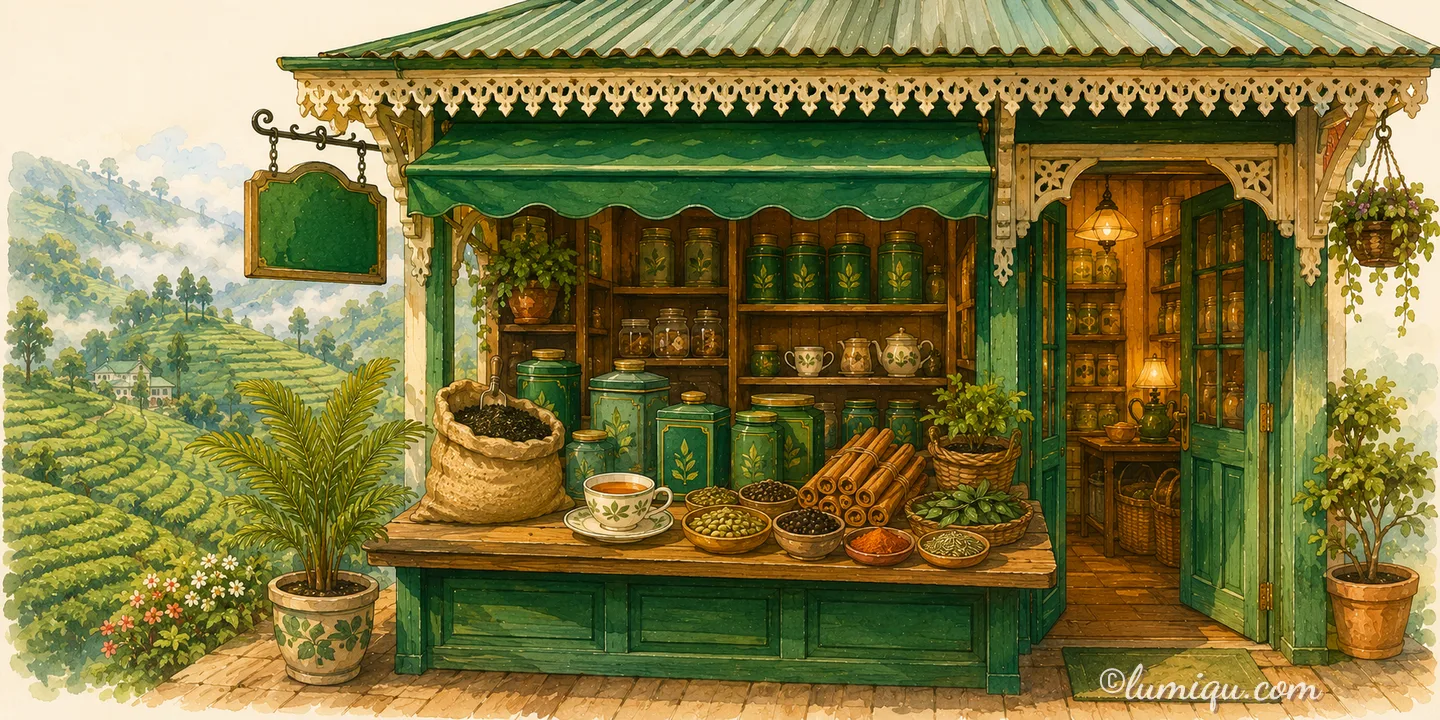 セイロン紅茶とスパイスの店 アーユボーワン（空想のお店）の店構えイラスト