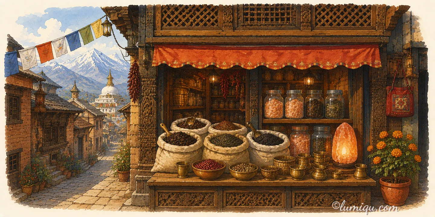 ヒマラヤの紅茶と岩塩の店 ナマステヒマール（空想のお店）の店構えイラスト