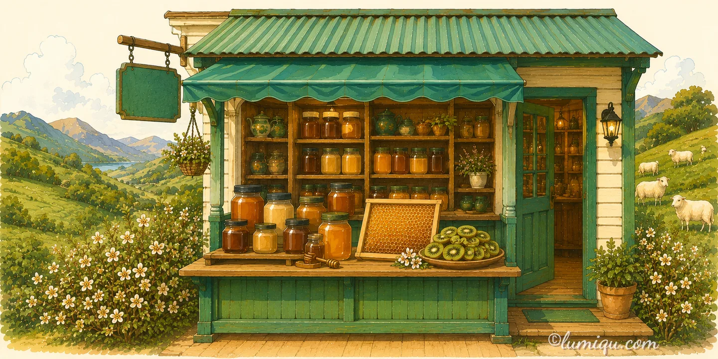 マヌカと森の蜜の店 キアオラ（空想のお店）の店構えイラスト