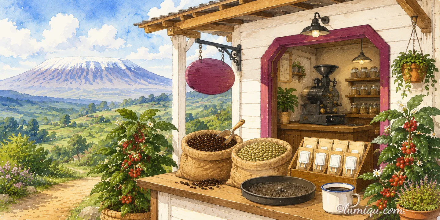 キリマンジャロの豆の店 キリマ（空想のお店）の店構えイラスト